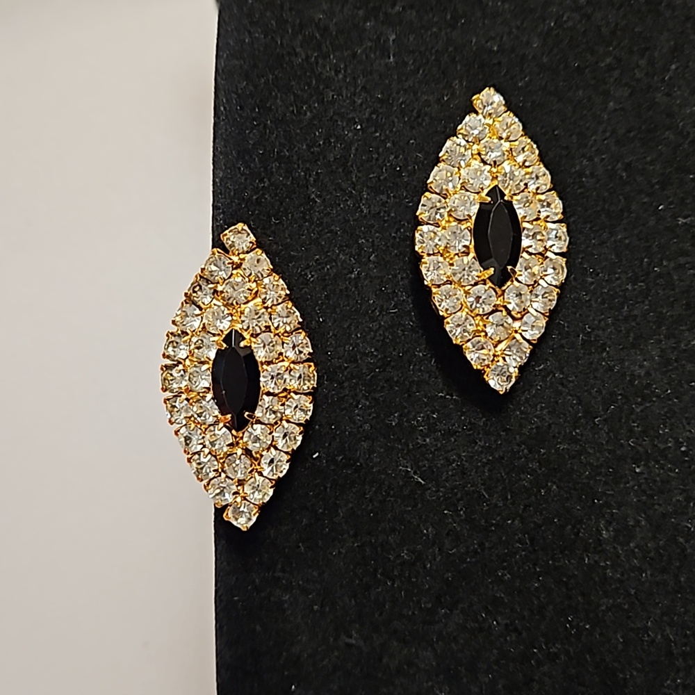 Gold tone clear rhinestones black center shoe clips vintage newer